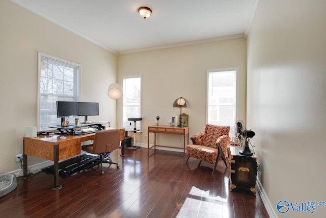 home office with dark hardwood / wood-style flooring and ornamental molding