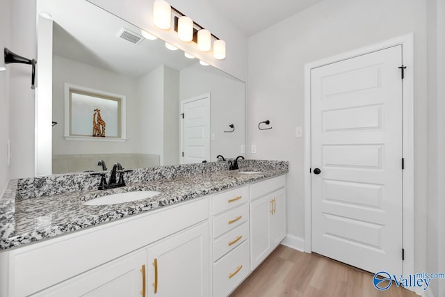 bathroom with hardwood / wood-style floors and vanity