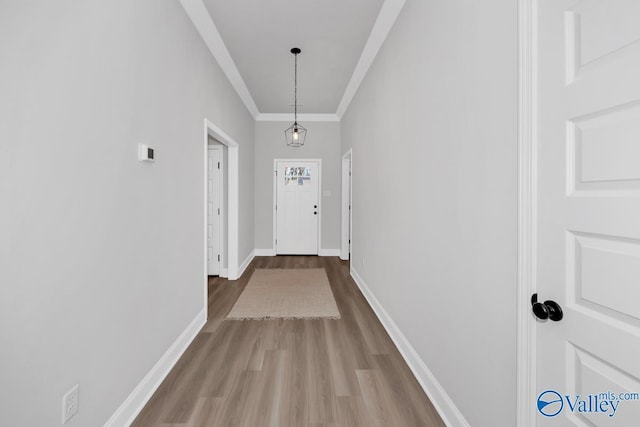 doorway to outside featuring light hardwood / wood-style floors and ornamental molding