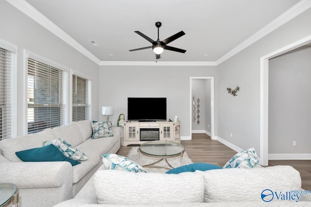 living room featuring hardwood / wood-style flooring, ceiling fan, and ornamental molding