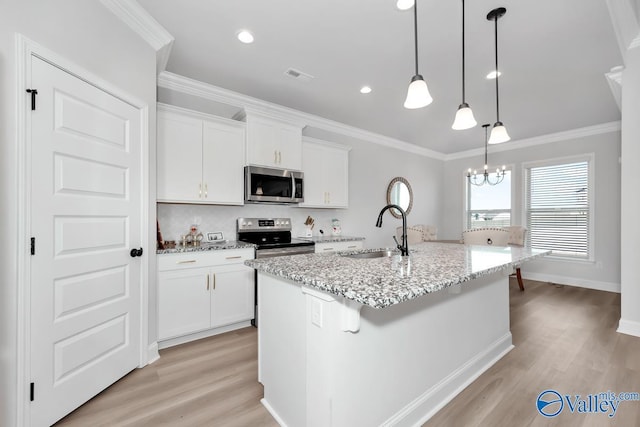 kitchen with white cabinetry, a kitchen island with sink, and appliances with stainless steel finishes