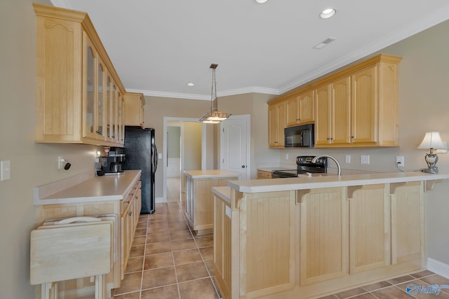 kitchen featuring visible vents, a center island, light brown cabinetry, a peninsula, and black appliances