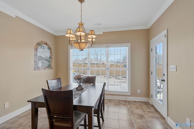 tiled dining area featuring visible vents, baseboards, a notable chandelier, and ornamental molding