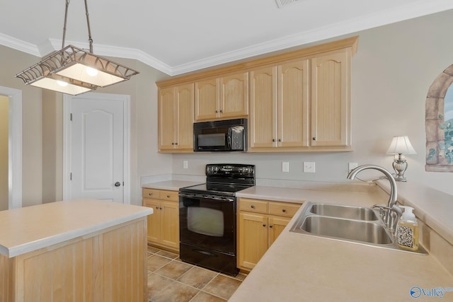 kitchen with black appliances, light brown cabinets, and a sink