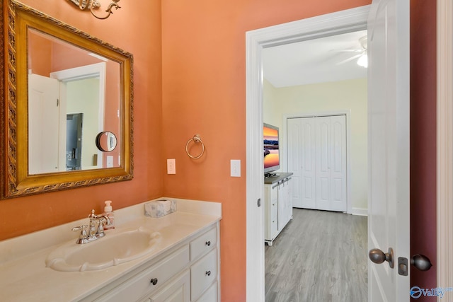 bathroom featuring vanity, baseboards, and wood finished floors