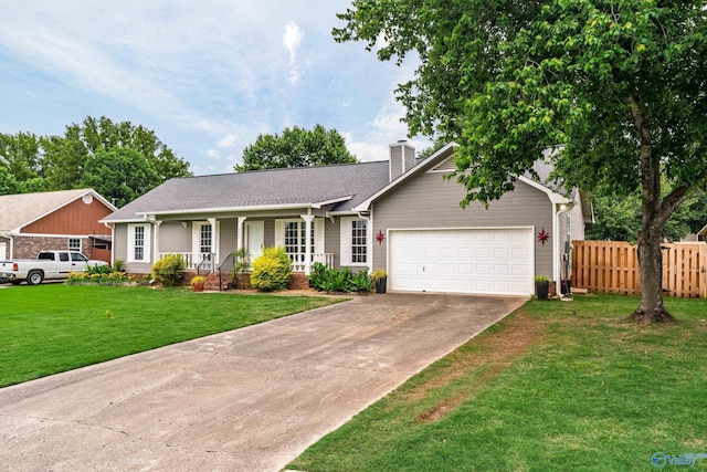 2009 SW Danbury Cir SW, Huntsville, AL 35803 - ranch-style house with covered porch, an attached garage, a chimney, concrete driveway, and a shingled roof