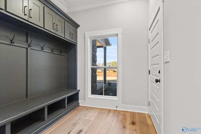 mudroom featuring ornamental molding and light wood-type flooring