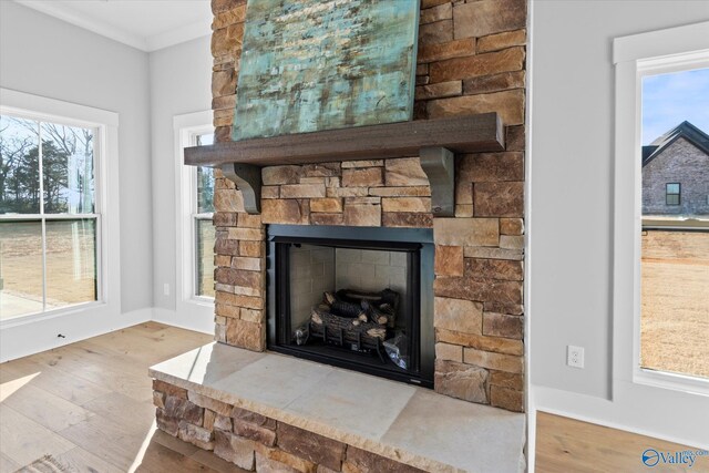 interior details with hardwood / wood-style flooring, a stone fireplace, and ornamental molding