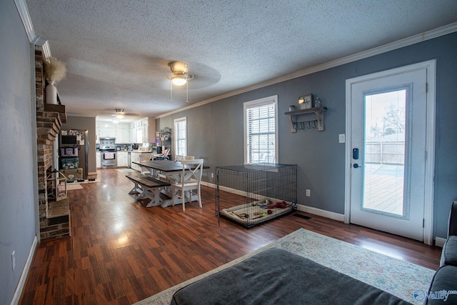 interior space with hardwood / wood-style floors, crown molding, a textured ceiling, and ceiling fan