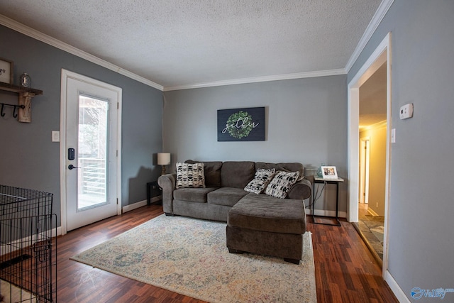 living room with crown molding, dark hardwood / wood-style flooring, and a textured ceiling