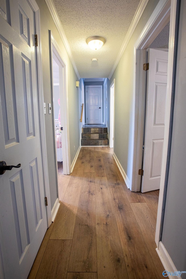 hall featuring ornamental molding, a textured ceiling, and light wood-type flooring