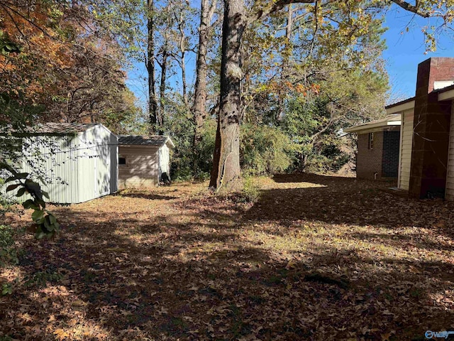 view of yard featuring a storage unit