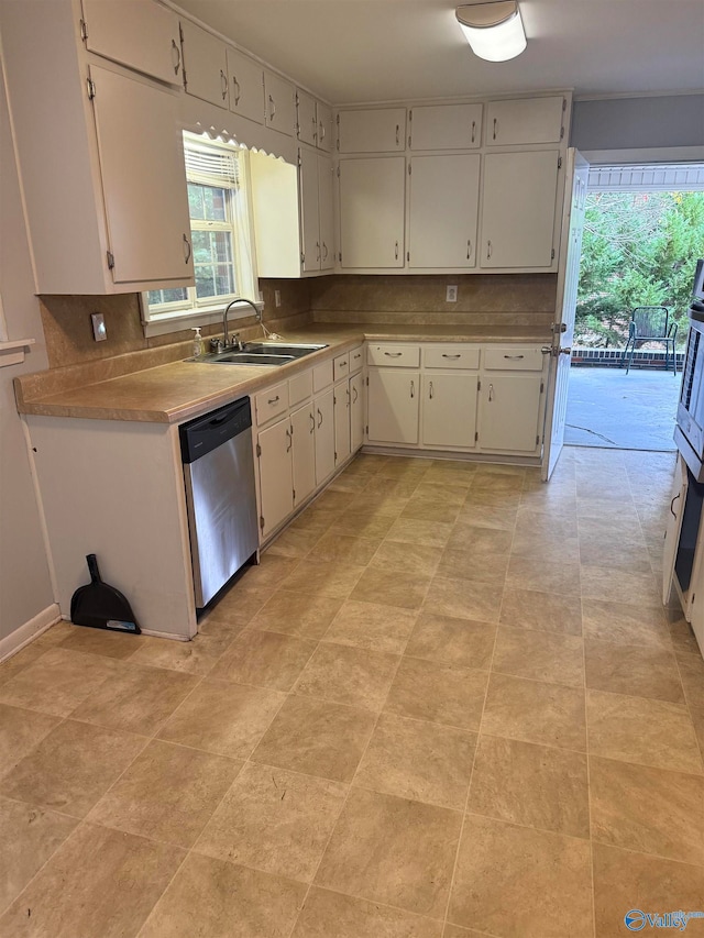 kitchen with white cabinetry, decorative backsplash, stainless steel dishwasher, and sink