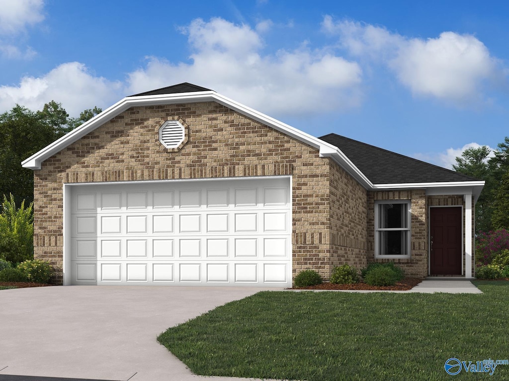 ranch-style home featuring an attached garage, a front lawn, concrete driveway, and brick siding