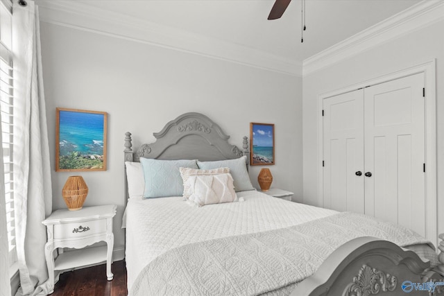 bedroom featuring ceiling fan, ornamental molding, dark hardwood / wood-style floors, and a closet