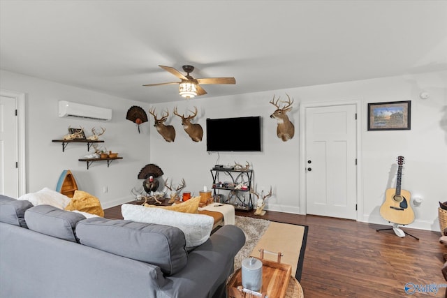 living room featuring dark wood-type flooring, ceiling fan, and an AC wall unit