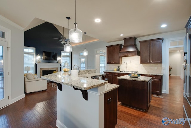 kitchen with light stone countertops, dark hardwood / wood-style flooring, premium range hood, a kitchen island, and a breakfast bar area