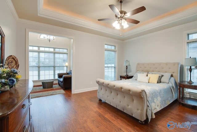 bedroom featuring ornamental molding, ceiling fan with notable chandelier, a tray ceiling, and dark wood-type flooring