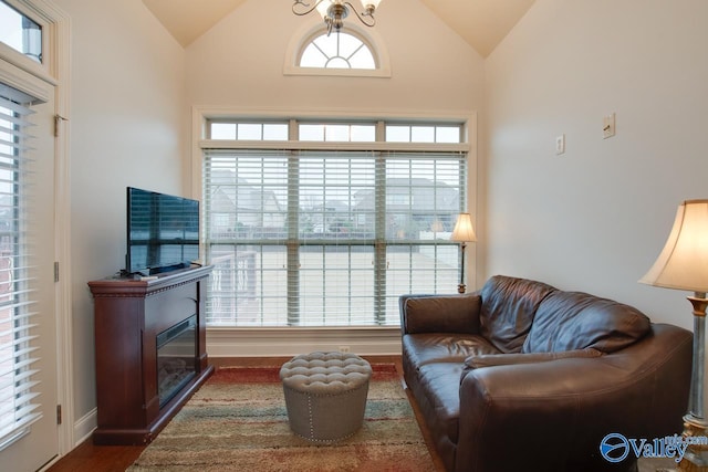 living area with dark wood-type flooring and high vaulted ceiling