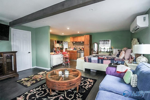 bedroom featuring beamed ceiling and a wall mounted AC