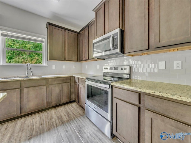 kitchen featuring backsplash, light wood-type flooring, stainless steel appliances, and a sink