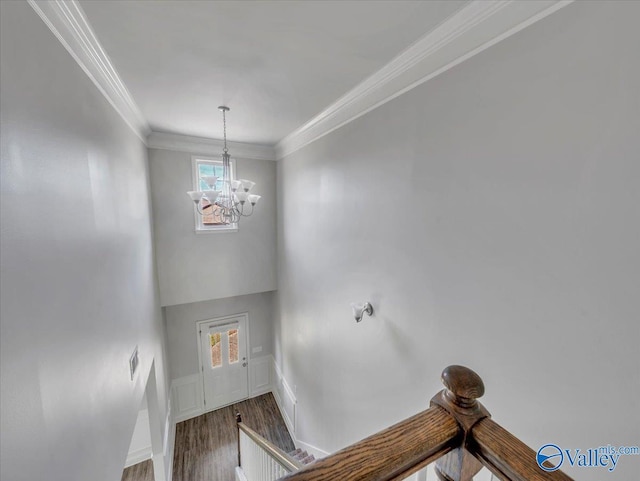 foyer with wood finished floors, ornamental molding, a notable chandelier, and a wainscoted wall