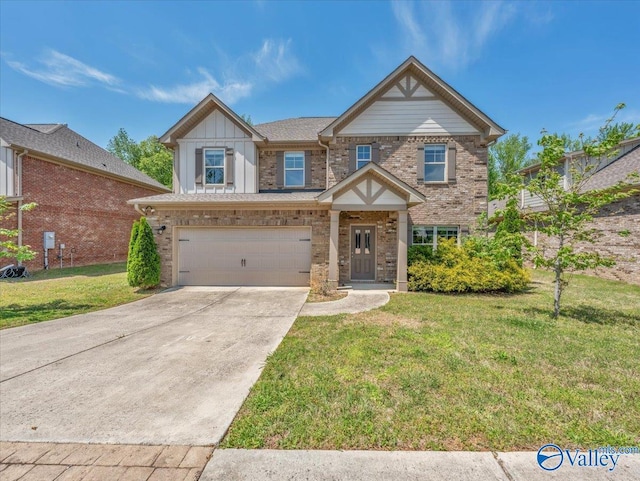 view of front of home with board and batten siding, an attached garage, a front lawn, and concrete driveway