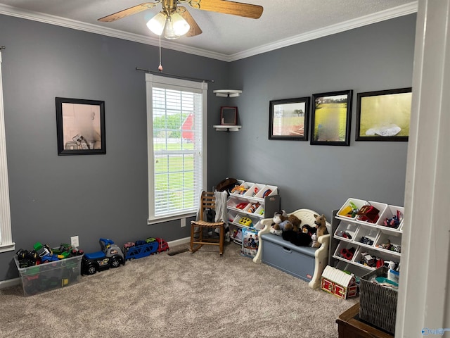 3648 Turnpike Rd, Albertville, AL 35950 - playroom with ceiling fan, carpet flooring, baseboards, and ornamental molding