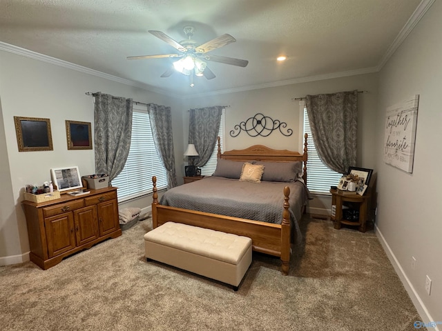3648 Turnpike Rd, Albertville, AL 35950 - bedroom featuring light carpet, multiple windows, crown molding, baseboards, and a ceiling fan