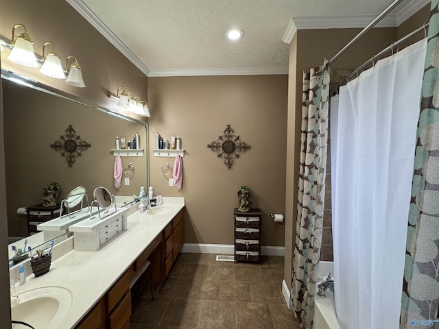 3648 Turnpike Rd, Albertville, AL 35950 - full bathroom featuring double vanity, a shower with curtain, ornamental molding, a textured ceiling, and baseboards