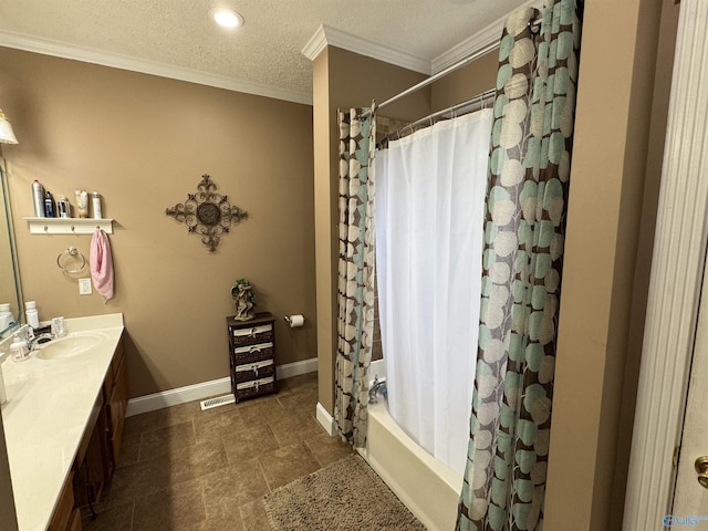 3648 Turnpike Rd, Albertville, AL 35950 - full bathroom with vanity, crown molding, shower / bathtub combination with curtain, and baseboards