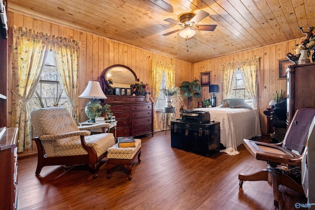 bedroom featuring wooden walls, hardwood / wood-style flooring, and wooden ceiling