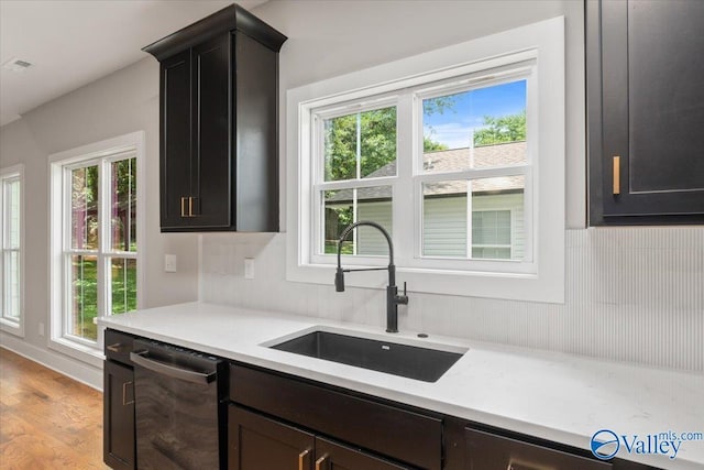 kitchen featuring dishwashing machine, sink, and light hardwood / wood-style flooring