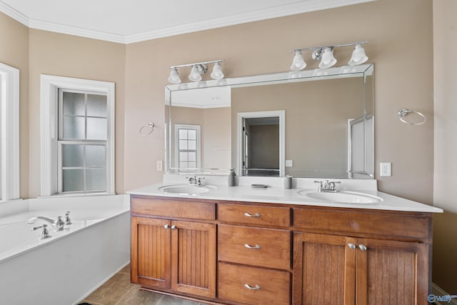 bathroom with double vanity, a garden tub, ornamental molding, and a sink