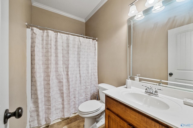 bathroom featuring a shower with curtain, vanity, toilet, and crown molding