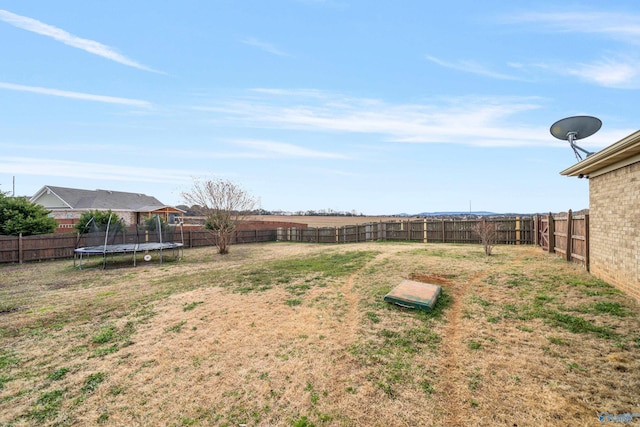 view of yard featuring a trampoline and a fenced backyard