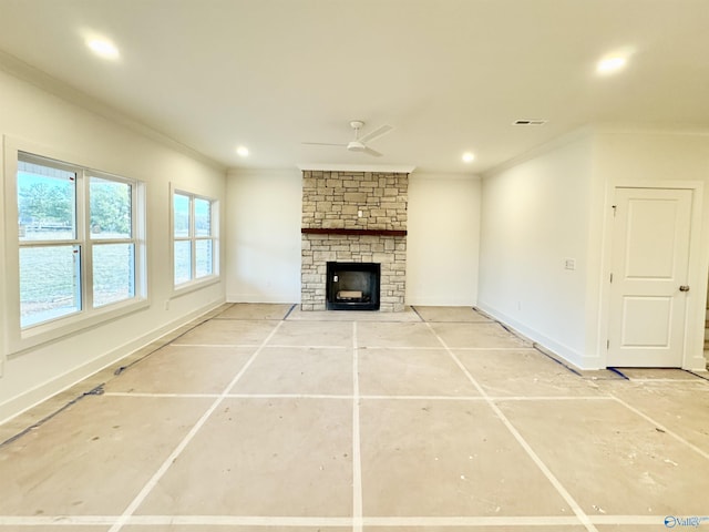 unfurnished living room featuring ceiling fan, visible vents, crown molding, and recessed lighting