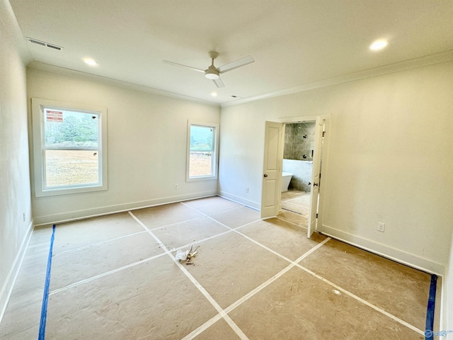 unfurnished bedroom featuring recessed lighting, visible vents, ornamental molding, a ceiling fan, and baseboards