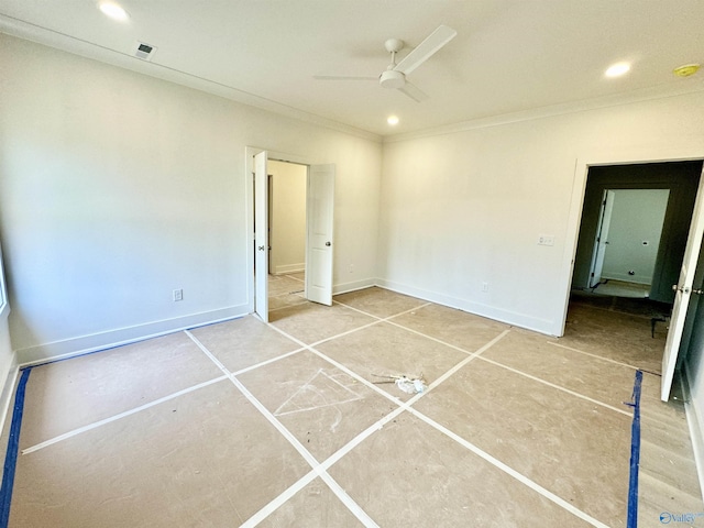 unfurnished bedroom with crown molding, recessed lighting, visible vents, ceiling fan, and baseboards