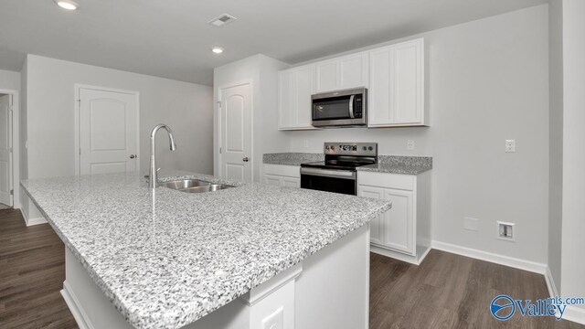123 Trestle Point Dr, Harvest, AL 35749 - kitchen featuring appliances with stainless steel finishes, a sink, baseboards, a center island with sink, and dark wood-style flooring