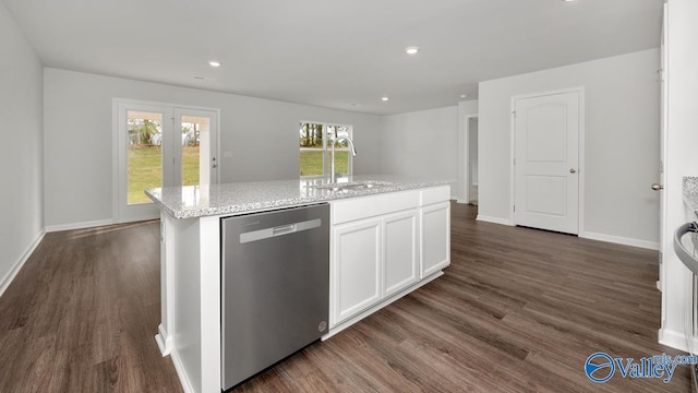 123 Trestle Point Dr, Harvest, AL 35749 - kitchen with dishwasher, a sink, dark wood-style flooring, white cabinets, and recessed lighting