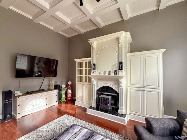 166 Hickory Rdg, Glencoe, AL 35905 - living room with coffered ceiling, dark wood finished floors, beam ceiling, crown molding, and baseboards