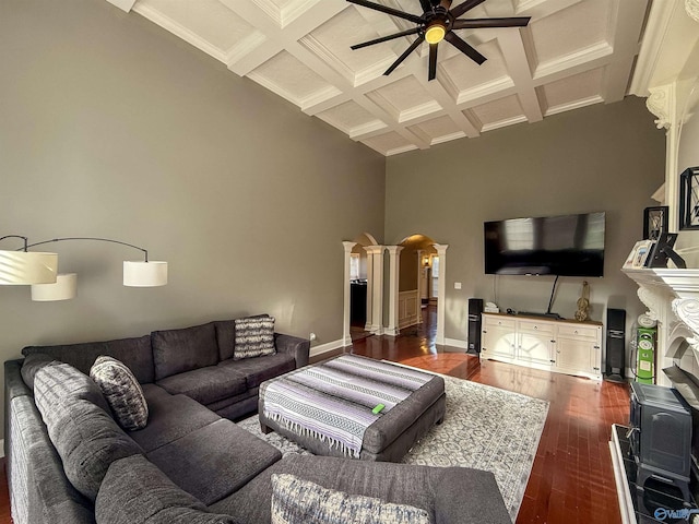 166 Hickory Rdg, Glencoe, AL 35905 - living area with ceiling fan, ornate columns, coffered ceiling, wood finished floors, and beamed ceiling