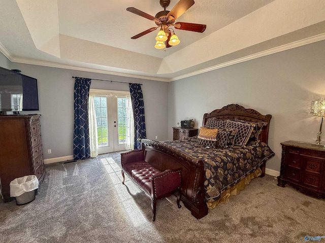 166 Hickory Rdg, Glencoe, AL 35905 - carpeted bedroom featuring access to exterior, french doors, a raised ceiling, ornamental molding, and baseboards