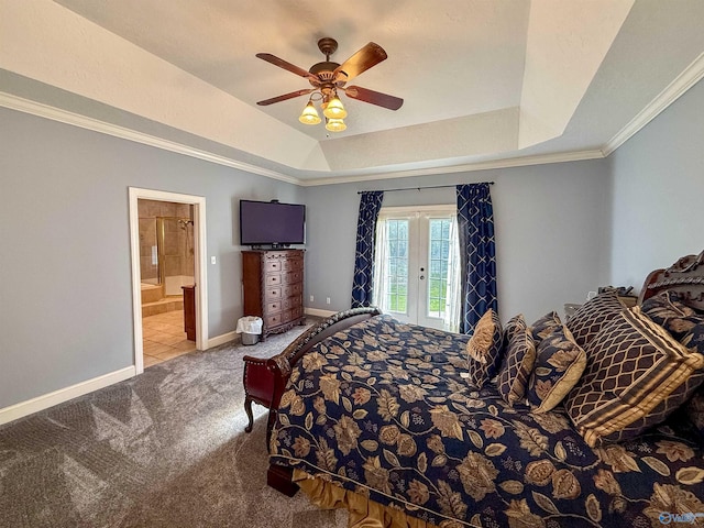 166 Hickory Rdg, Glencoe, AL 35905 - carpeted bedroom with a tray ceiling, ornamental molding, french doors, baseboards, and ensuite bathroom