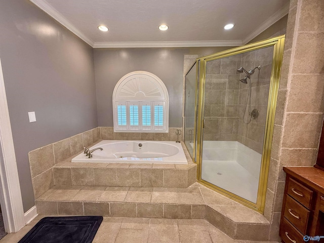 166 Hickory Rdg, Glencoe, AL 35905 - bathroom with a garden tub, a shower stall, recessed lighting, and crown molding