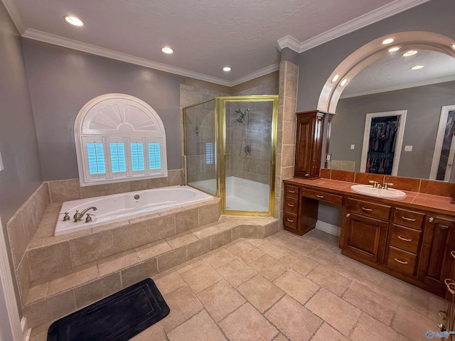 166 Hickory Rdg, Glencoe, AL 35905 - bathroom featuring recessed lighting, a stall shower, a bath, vanity, and stone tile flooring