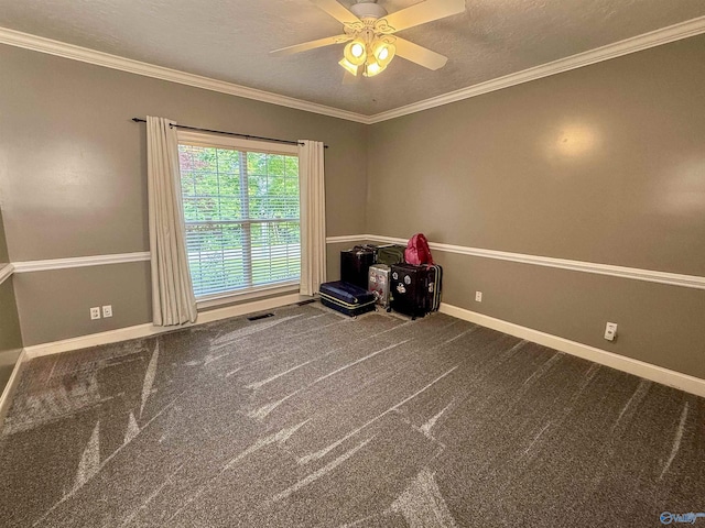 166 Hickory Rdg, Glencoe, AL 35905 - carpeted empty room with baseboards, a ceiling fan, crown molding, and a textured ceiling