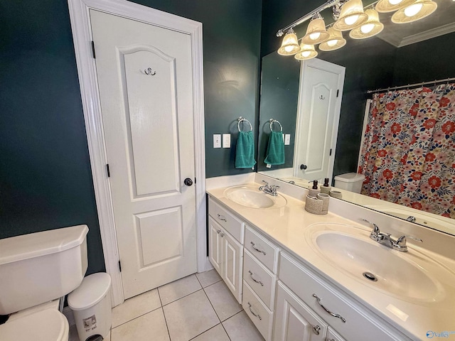 166 Hickory Rdg, Glencoe, AL 35905 - bathroom with toilet, tile patterned flooring, double vanity, and ornamental molding