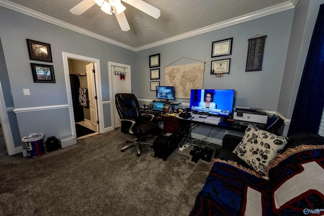 166 Hickory Rdg, Glencoe, AL 35905 - office area with crown molding, carpet floors, ceiling fan, and a textured ceiling